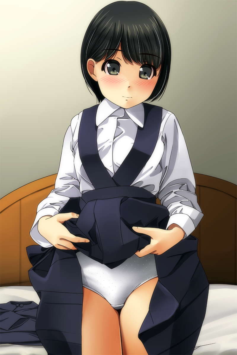1girl bangs bed bed_frame black_eyes black_hair blue_skirt blush closed_mouth collared_shirt commentary_request cowboy_shot dress_shirt eyebrows_visible_through_hair fingernails highres indoors jacket jacket_removed legs_together lifted_by_self long_sleeves looking_at_viewer matsunaga_kouyou original panties pleated_skirt polka_dot polka_dot_panties shirt short_hair skirt skirt_lift solo suspender_skirt suspenders underwear white_panties white_shirt wing_collar