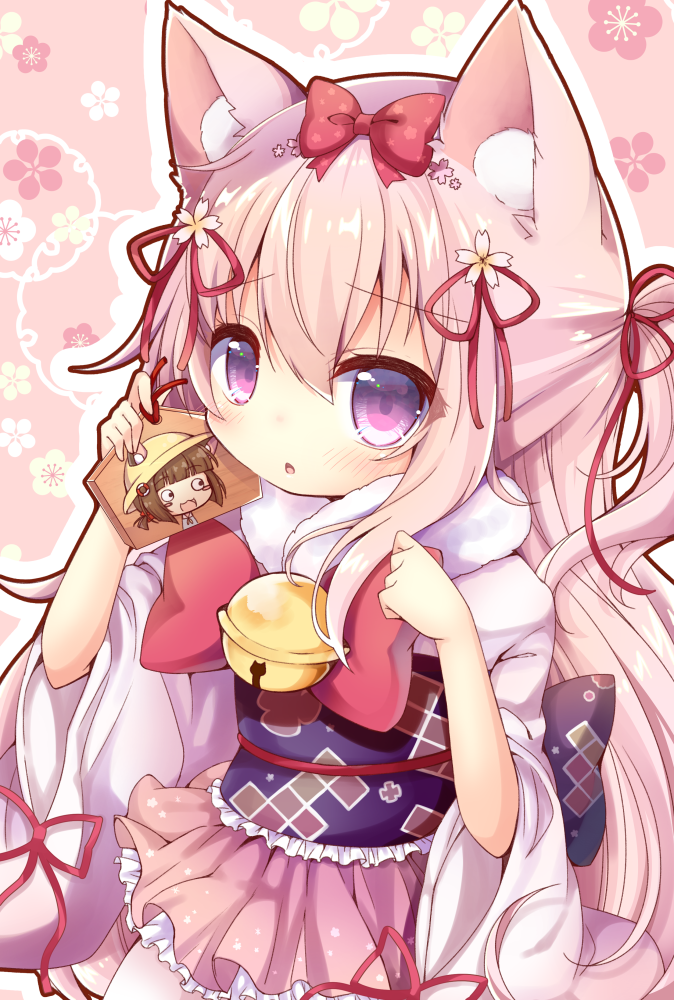 1girl animal_ears azur_lane bangs bell blush bow cat_ears chestnut_mouth commentary_request ema eyebrows_visible_through_hair fur_collar hair_between_eyes hair_bow hair_ribbon japanese_clothes jingle_bell kimono kisaragi_(azur_lane) long_hair long_sleeves looking_at_viewer mutsuki_(azur_lane) obi one_side_up outline parted_lips pink_background pink_hair pink_kimono pink_skirt red_bow red_ribbon ribbon sash short_kimono skirt solo very_long_hair violet_eyes white_outline wide_sleeves yukiyuki_441