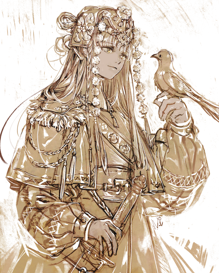 1girl bird bird_on_hand capelet chains commentary_request dark_skin hand_up headdress holding holding_sword holding_weapon light_smile lips long_hair long_sleeves monochrome oollnoxlloo original puffy_long_sleeves puffy_sleeves scabbard sepia sheath sketch solo spot_color sword tassel upper_body weapon yellow_eyes