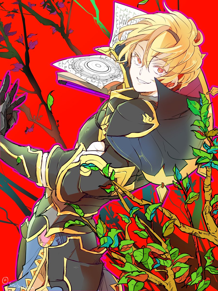 1boy armor artist_name back blonde_hair book brynhildr_(tome) capelet fire_emblem fire_emblem_if gloves hairband highres leaf leon_(fire_emblem_if) male_focus red_background red_eyes simple_background solo teeth torisudesu