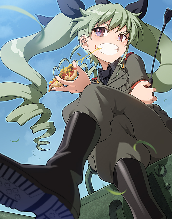 1girl anchovy anzio_military_uniform black_footwear black_neckwear boots drill_hair eating food girls_und_panzer green_hair knee_boots long_hair long_sleeves military military_uniform necktie pairan pizza twin_drills twintails uniform