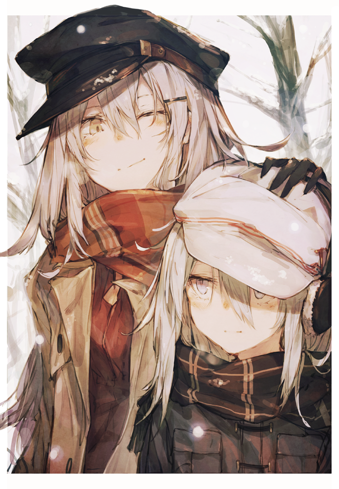 2girls alternate_costume alternate_eye_color black_gloves black_hat blue_eyes blush buttons closed_mouth coat earmuffs eye_contact flat_cap gangut_(kantai_collection) gloves grey_eyes grey_hair hair_between_eyes hair_ornament hair_over_shoulder hairclip hand_on_another's_head hat hibiki_(kantai_collection) kantai_collection kashii_(amoranorem) long_hair long_sleeves looking_at_another military_hat multiple_girls one_eye_closed orange_eyes peaked_cap petting red_shirt scar scar_on_cheek scarf shirt silver_hair snow snowing tree upper_body verniy_(kantai_collection) white_border white_hair white_hat