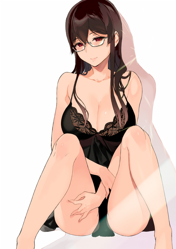 1girl bare_legs bare_shoulders black_hair breasts cleavage closed_mouth commentary_request feet_out_of_frame glasses hair_between_eyes large_breasts lingerie long_hair looking_at_viewer negligee red_eyes sakuramachi_touko sasamori_tomoe sitting smile succubus_stayed_life under-rim_eyewear underwear