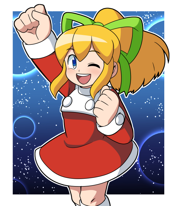 1girl ;d adapted_costume arm_up bangs blonde_hair blue_background blue_eyes blush christmas clenched_hands commentary_request dress eyebrows_visible_through_hair flat_chest green_ribbon hair_ribbon long_hair long_sleeves looking_at_viewer one_eye_closed open_mouth ponytail red_dress ribbon rockman rockman_8 roll santa_costume sidelocks smile solo standing teeth turtleneck turtleneck_dress yume_yoroi