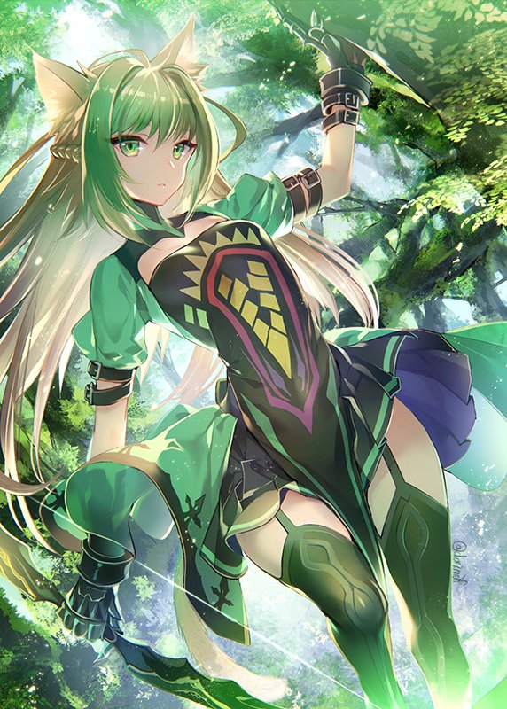 1girl animal_ears archer_of_red belt bow braiding_hair commentary_request cowboy_shot fate/grand_order fate_(series) forest gloves green_eyes hairdressing kneehighs long_hair looking_at_viewer miyuki_ruria nature skirt skirt_lift tail tree