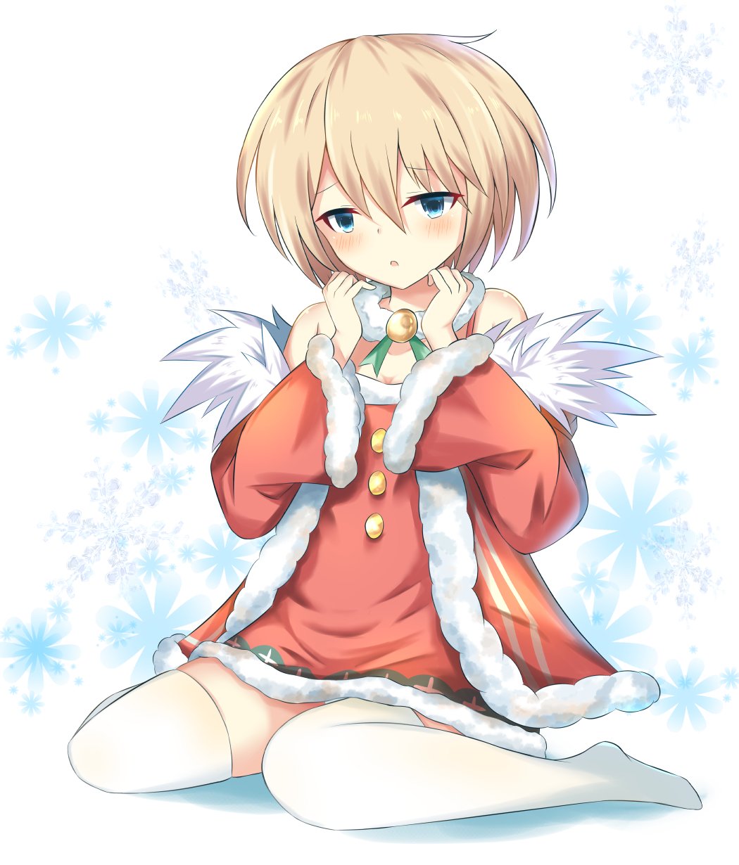 1girl adapted_costume bare_shoulders blanc blue_eyes brown_hair choker christmas coat dress full_body fur_trim hands_on_own_face highres looking_at_viewer neptune_(series) no_hat no_headwear open_mouth ray_726 red_coat red_dress short_hair sitting snowflake_background solo spaghetti_strap thigh-highs wariza white_legwear