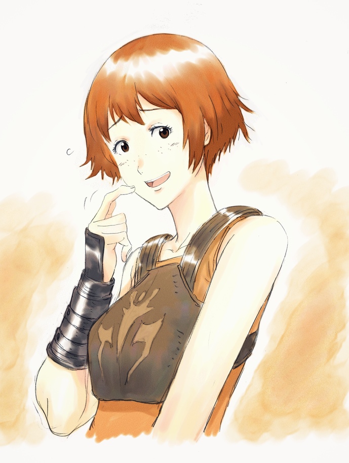 1girl brown_hair dorothy_(fire_emblem) fire_emblem fire_emblem:_fuuin_no_tsurugi freckles open_mouth short_hair solo stst177 teeth upper_body white_background