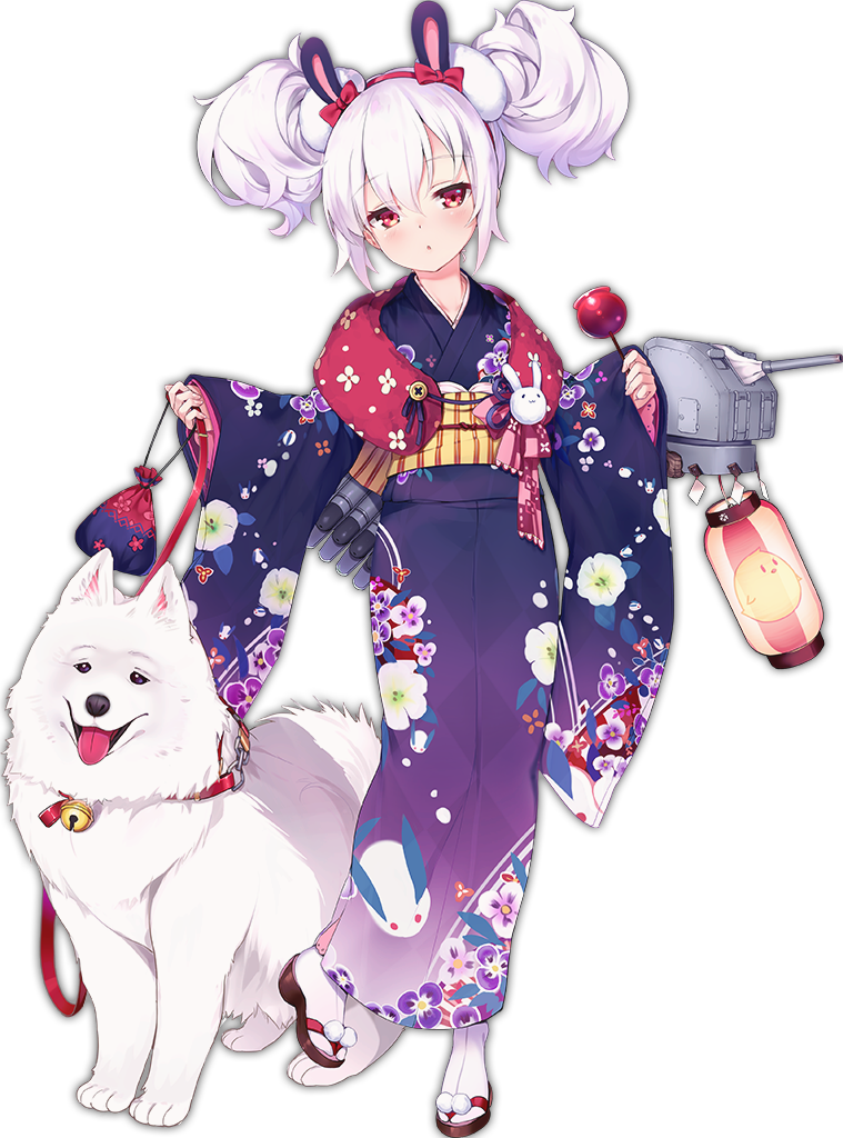 1girl animal animal_ears azur_lane bangs bell bird bow chick collar dog double_bun eyebrows eyebrows_visible_through_hair fake_animal_ears full_body hair_between_eyes hairband holding_leash japanese_clothes jingle_bell kaede_(003591163) kimono laffey_(azur_lane) leash long_sleeves machinery official_art pom_pom_(clothes) purple_hair purple_kimono rabbit_ears red_bow red_eyes red_hairband samoyed_(dog) short_hair simple_background sleeves_past_wrists solo tabi tachi-e transparent_background turret wide_sleeves