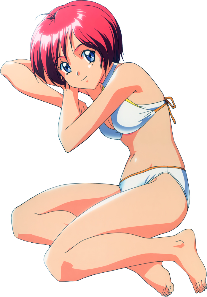 1girl barefoot bikini blue_eyes full_body hinomoto_hikari kokura_masashi legs_folded looking_at_viewer mole mole_under_eye navel official_art redhead short_hair simple_background smile solo swimsuit tokimeki_memorial white_background white_bikini