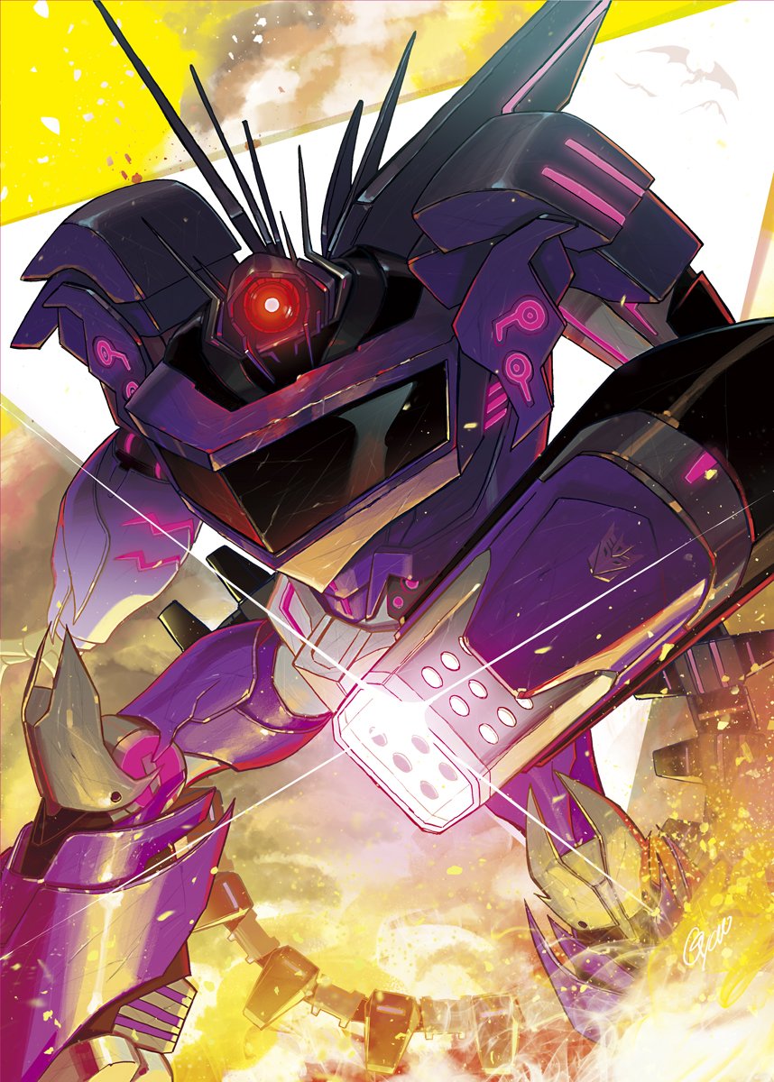 1boy arm_cannon burning cannon decepticon energy_gun fire flame full_body glowing glowing_eye gyaro highres looking_at_viewer no_humans red_eyes shockwave_(transformers) solo standing transformers transformers_prime weapon