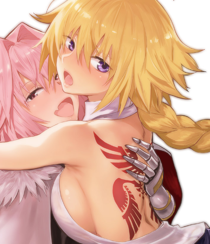 1boy 1girl :d astolfo_(fate) back_tattoo blonde_hair braid breasts commentary_request fang fate/apocrypha fate_(series) hug jeanne_d'arc_(fate) jeanne_d'arc_(fate)_(all) long_hair looking_at_viewer medium_breasts nekoi_mie open_mouth pink_eyes pink_hair sideboob simple_background single_braid smile tattoo trap violet_eyes white_background