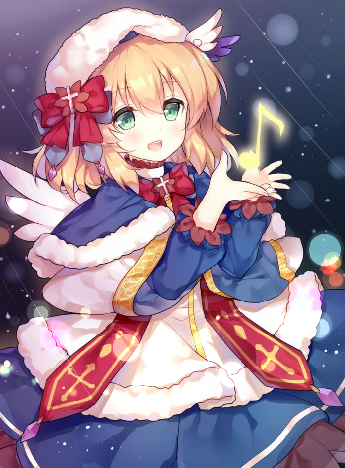 1girl :d bangs beret blonde_hair blue_capelet blue_dress blush bow capelet coat dress eyebrows_visible_through_hair fur-trimmed_capelet green_eyes hair_between_eyes hair_wings hands_up hat hat_bow heermann_(zhan_jian_shao_nyu) long_sleeves musical_note open_mouth purple_wings quaver red_bow smile solo tengxiang_lingnai white_coat white_hat white_wings wings zhan_jian_shao_nyu