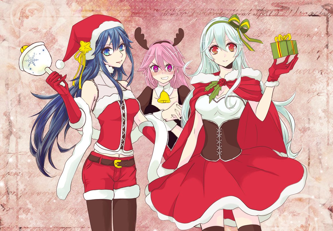 3girls angry artist_request bare_shoulders blue_hair christmas female_my_unit_(fire_emblem_if) fire_emblem fire_emblem:_kakusei fire_emblem_heroes fire_emblem_if hair_between_eyes hair_ornament hairband hat long_hair looking_at_viewer lucina multiple_girls my_unit_(fire_emblem_if) pink_hair red_eyes santa_costume santa_hat silver_hair soleil_(fire_emblem_if) white_hair