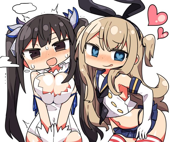 /\/\/\ 2girls :d armpits bangs bare_shoulders black_bow black_eyes black_hair black_neckwear blue_eyes blue_sailor_collar blue_skirt blush bow breast_squeeze breasts closed_mouth commentary_request crop_top crossover drooling dungeon_ni_deai_wo_motomeru_no_wa_machigatteiru_darou_ka elbow_gloves eyebrows_visible_through_hair gloves hair_bow hairband head_tilt heart heart-shaped_pupils hestia_(danmachi) kanikama kantai_collection large_breasts long_hair looking_at_viewer multiple_girls navel neckerchief nose_blush open_mouth pleated_skirt red_legwear rei_no_himo school_uniform serafuku shimakaze_(kantai_collection) skirt smile striped striped_legwear sweatdrop symbol-shaped_pupils thigh-highs twintails two_side_up v_arms white_gloves