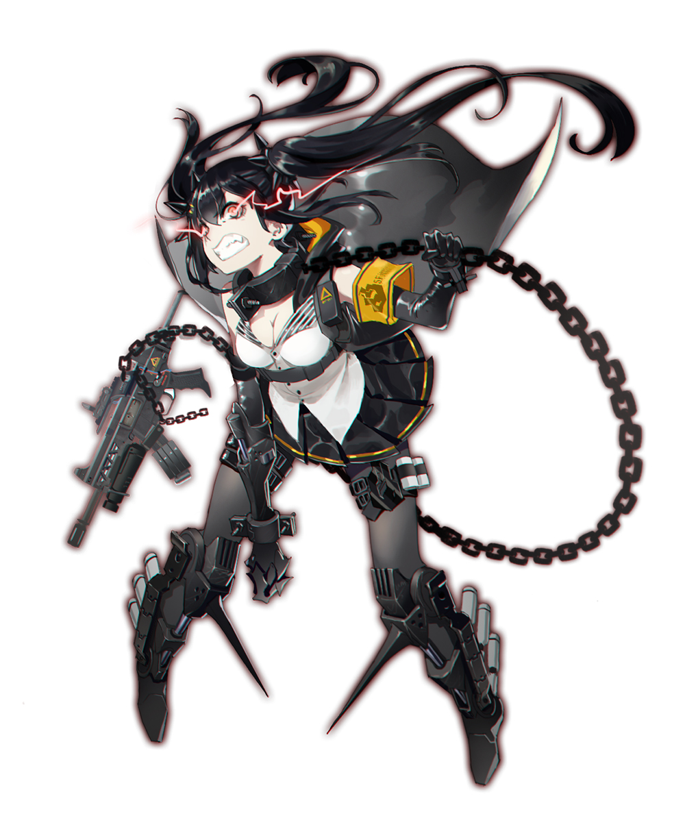 1girl angry black_gloves black_skirt boots breasts cable cape chains clenched_teeth collar commentary_request dark_persona elbow_gloves full_body gauntlets girls_frontline gloves grey_legwear gun h&amp;k_ump heckler_&amp;_koch highres large_breasts legs_apart long_hair looking_at_viewer metal_collar pantyhose pink_eyes pleated_skirt simple_background skirt solo spikes standing submachine_gun teeth twintails ump9_(girls_frontline) very_long_hair vest waterkuma weapon white_background white_vest wide-eyed