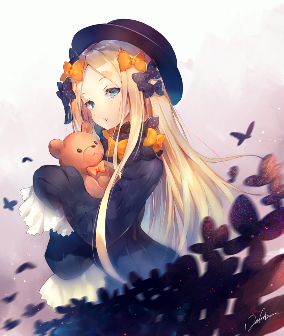 1girl abigail_williams_(fate/grand_order) bangs black_bow black_dress black_hat blonde_hair blue_eyes bow butterfly commentary_request deecha dress fate/grand_order fate_(series) forehead hair_bow hat long_hair long_sleeves looking_away object_hug orange_bow parted_bangs parted_lips polka_dot polka_dot_bow signature sleeves_past_wrists solo stuffed_animal stuffed_toy teddy_bear very_long_hair