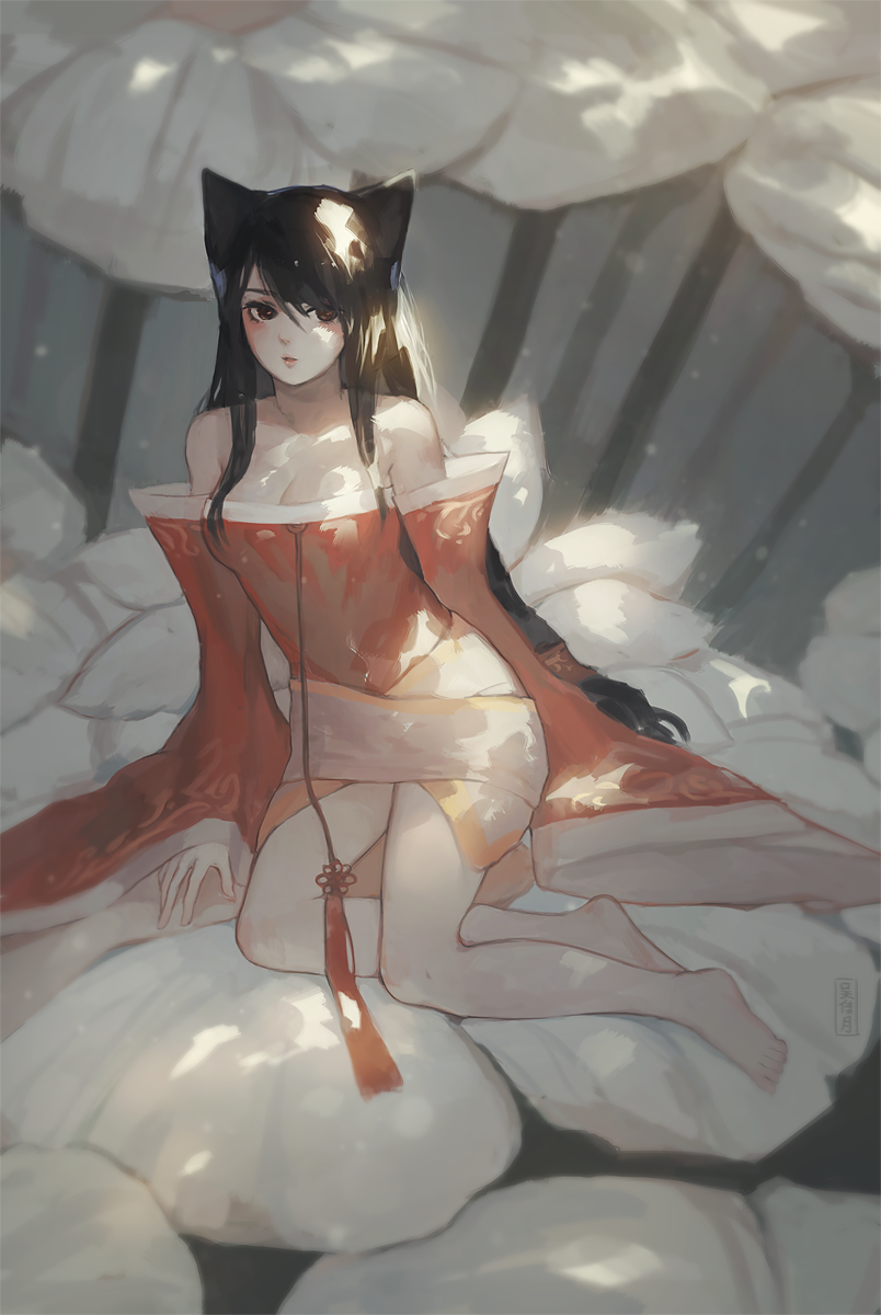 1girl ahri animal_ears bare_shoulders black_hair breasts brown_eyes cleavage commentary_request detached_sleeves fox_ears fox_tail highres jiayue_wu league_of_legends long_hair long_sleeves medium_breasts multiple_tails sitting solo tail very_long_hair wide_sleeves