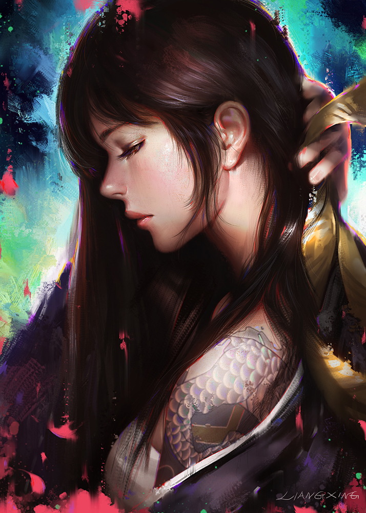 1girl artist_name bangs black_hair chromatic_aberration closed_eyes closed_mouth eyelashes from_side hand_in_hair hanzo_(overwatch) liang_xing lips long_hair nose overwatch profile solo tattoo upper_body