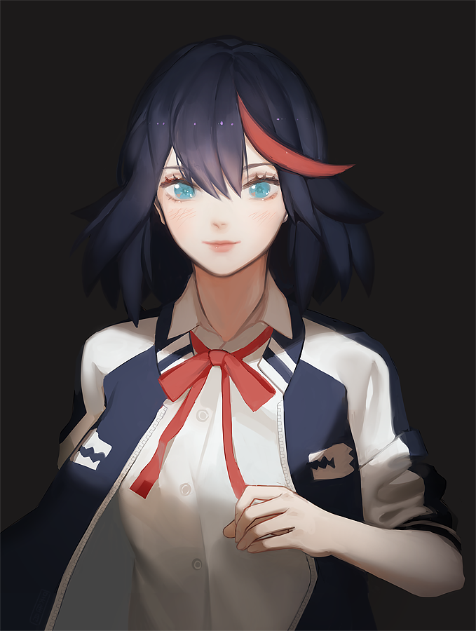 1girl black_background black_hair blue_eyes blush buttons closed_mouth collared_shirt hair_between_eyes jiayue_wu kill_la_kill looking_at_viewer matoi_ryuuko multicolored_hair neck_ribbon red_ribbon redhead ribbon shirt short_hair solo two-tone_hair upper_body white_shirt wing_collar