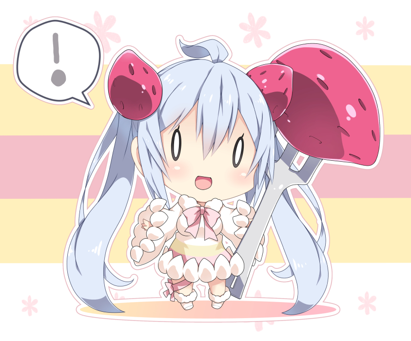 ! 0_0 1girl :d ahoge bangs blue_hair blush bow bowtie chibi commentary_request dress eyebrows_visible_through_hair food food_themed_clothes food_themed_hair_ornament fork fruit fur-trimmed_boots fur_trim hair_between_eyes hair_ornament holding holding_fork leg_ribbon long_hair long_sleeves looking_at_viewer matoi_(pso2) milkpanda open_mouth phantasy_star phantasy_star_online_2 pink_neckwear pink_ribbon ribbon smile solo spoken_exclamation_mark standing strawberry strawberry_hair_ornament striped striped_background twintails very_long_hair white_dress white_footwear wide_sleeves