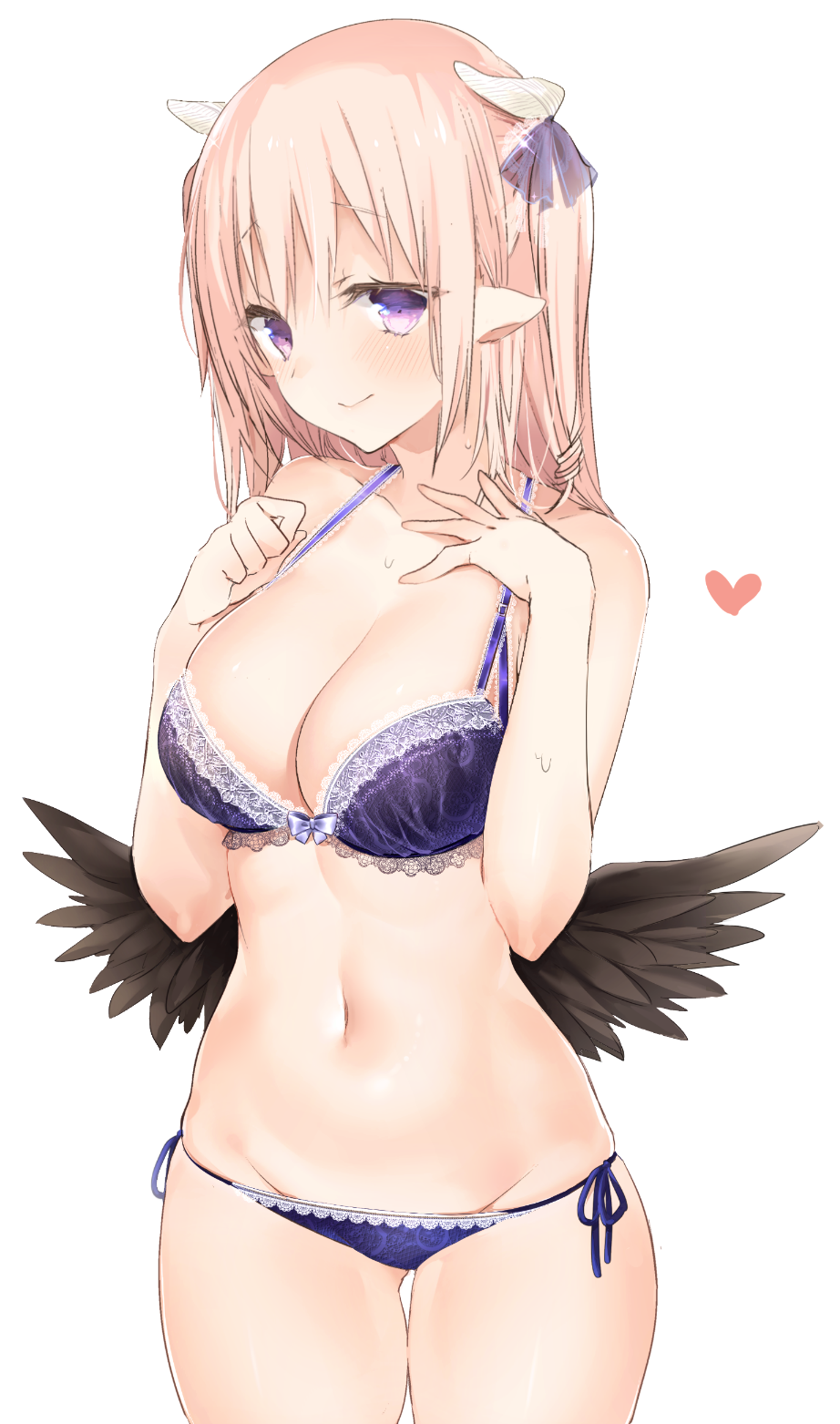 1girl bangs bare_arms bare_shoulders black_wings blush bra breasts cleavage closed_mouth collarbone cowboy_shot groin hands_on_own_chest heart highres horns lace lace-trimmed_bra large_breasts lingerie long_hair looking_at_viewer low_wings lowleg lowleg_panties navel panties pink_hair purple_bra purple_panties purple_ribbon revision ribbon shiny shiny_hair side-tie_panties simple_background sino_(sionori) skindentation smile solo sparkle standing stomach succubus-san_no_hatsu_shigoto sweat tareme translation_request under-rim_eyewear underwear violet_eyes white_background wings