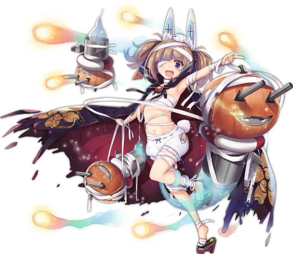 1girl :d aixioo animal_ears arched_back arm_up armpits azur_lane bandage bandaged_arm bandaged_feet bandaged_hands bandaged_head bandaged_leg bandaged_neck bangs bird black_cape bloomers blue_ribbon blunt_bangs blush_stickers brooch bunny_tail cape cherry_blossoms chick eyebrows eyebrows_visible_through_hair facing_away fang flat_chest floral_print frills full_body ghost_tail halloween halloween_costume index_finger_raised jack-o'-lantern jewelry kagerou_(azur_lane) leg_up light_brown_hair looking_at_viewer magatama midriff navel official_art open_mouth palms pumpkin pumpkin_juice rabbit_ears red_pupils ribbon ribbon-trimmed_bloomers ribbon_trim robot sarashi short_hair sidelocks simple_background slit_pupils smile solo spirit standing standing_on_one_leg stomach tabi tachi-e tail torn_cape torn_clothes transparent_background tsurime turret twintails underwear violet_eyes white_bloomers