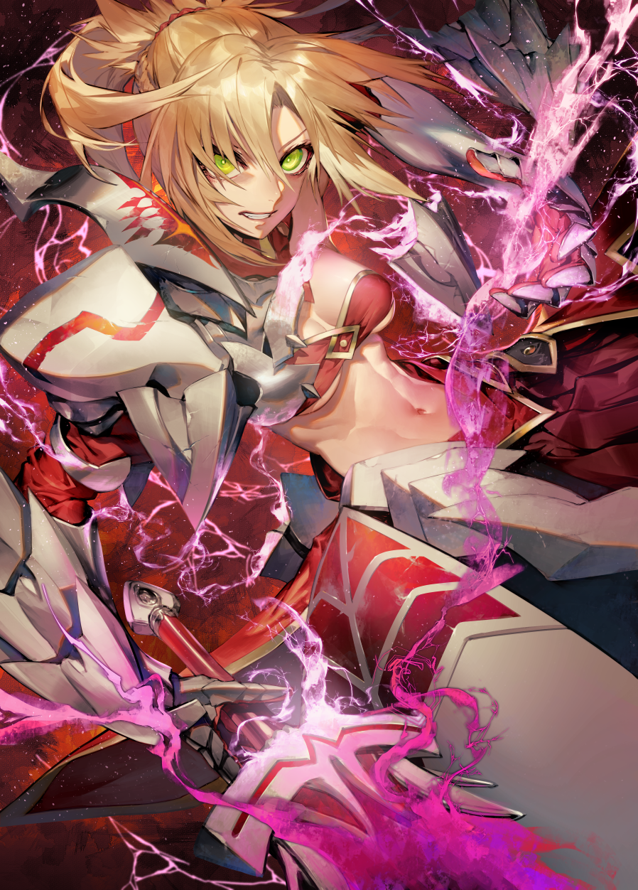 1girl angry armor armored_dress bandeau blonde_hair braid breasts clarent clenched_teeth commentary_request energy fate/apocrypha fate_(series) french_braid gauntlets glowing green_eyes hair_ornament hair_scrunchie highres holding holding_sword holding_weapon kodama_(wa-ka-me) long_hair looking_at_viewer medium_breasts midriff mordred_(fate) mordred_(fate)_(all) navel pauldrons ponytail scrunchie shiny shiny_hair skirt solo sword teeth toned weapon