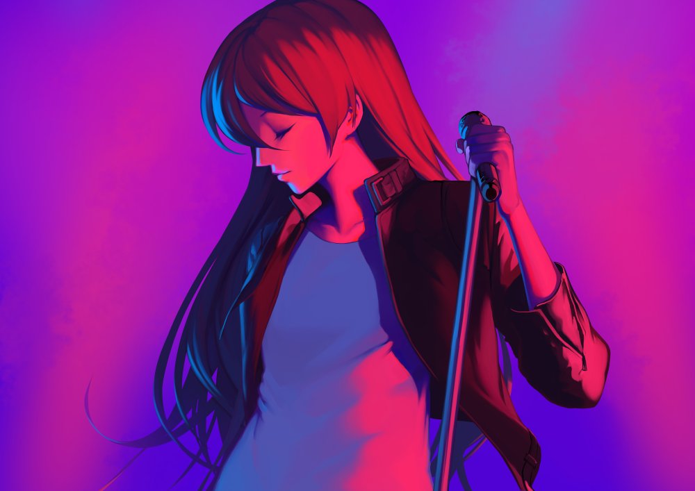 1girl bangs blue_hair bon_nob closed_eyes hair_between_eyes holding holding_microphone jacket long_hair love_live! love_live!_school_idol_project microphone microphone_stand shirt simple_background solo sonoda_umi