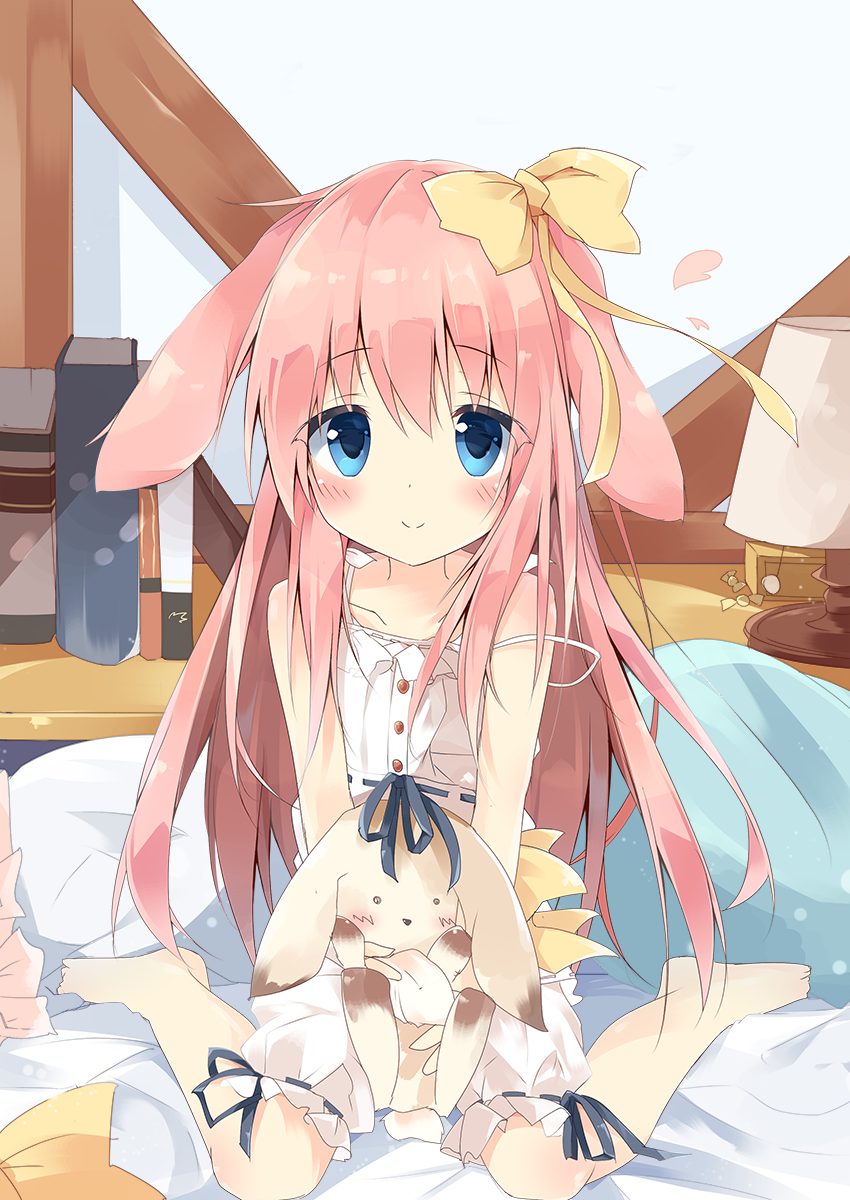 1girl animal_ears bangs bare_shoulders barefoot bed_sheet bloomers blue_eyes blush book bow camisole closed_mouth collarbone ears_down eyebrows_visible_through_hair hair_between_eyes hair_bow highres indoors kushida_you lamp long_hair looking_at_viewer original pillow pink_hair rabbit_ears sitting smile solo strap_slip stuffed_animal stuffed_bunny stuffed_toy underwear very_long_hair wariza white_bloomers white_camisole yellow_bow