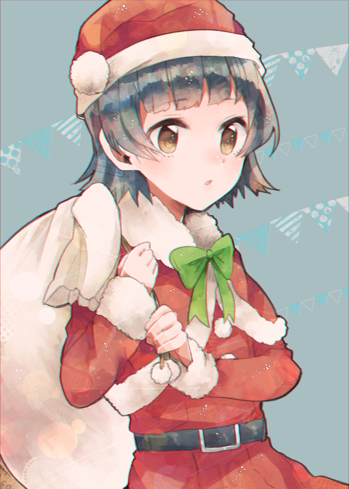 1girl arare_(kantai_collection) bag bangs belt black_hair bow bowtie brown_eyes coat eyebrows_visible_through_hair green_bow green_neckwear hat itomugi-kun kantai_collection long_sleeves sack santa_costume santa_hat short_hair solo