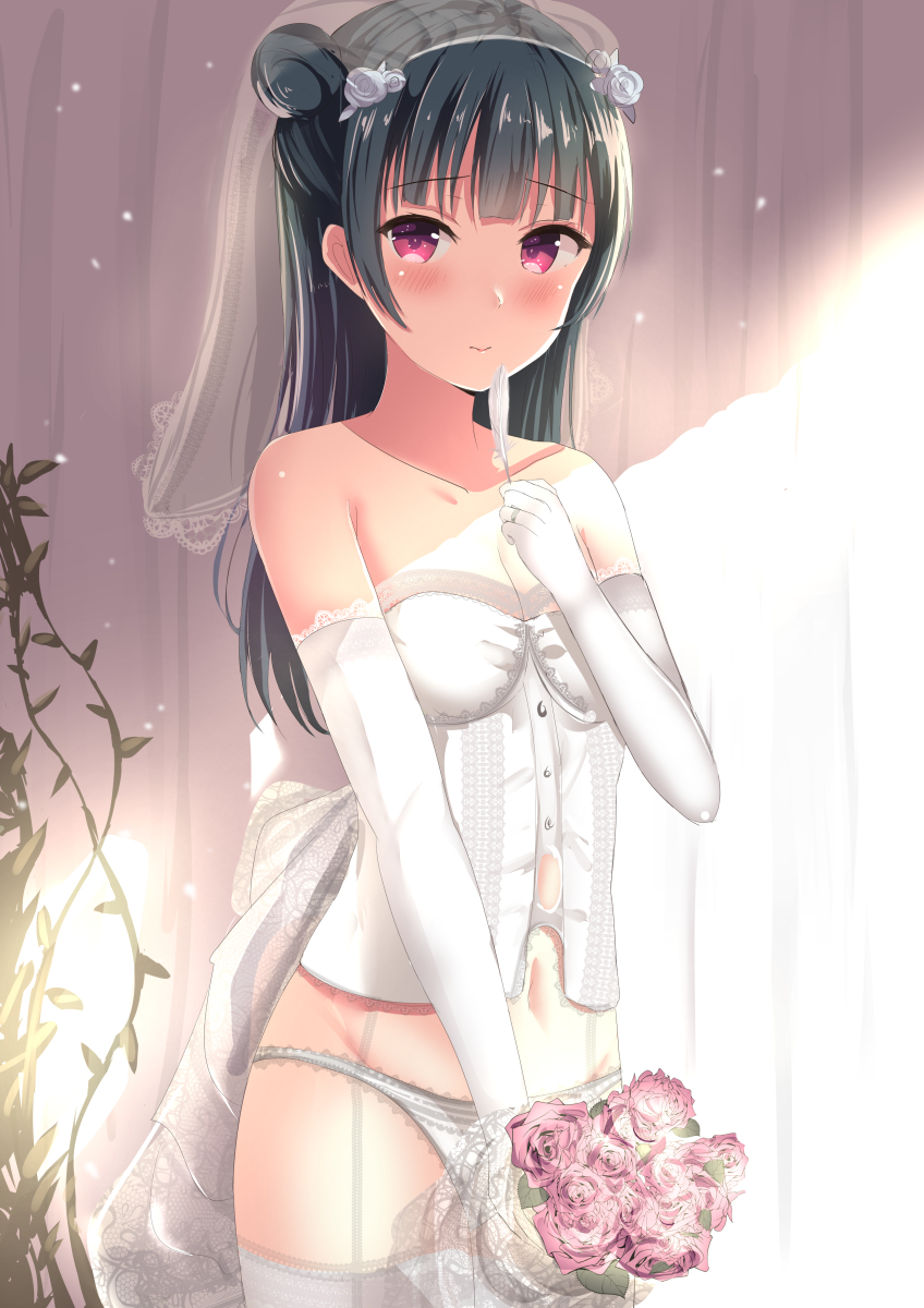 1girl bangs bare_shoulders blue_hair blush bouquet bridal_veil bride collarbone commentary_request cowboy_shot dress eyebrows_visible_through_hair flower garter_straps highres jewelry long_hair looking_at_viewer love_live! love_live!_sunshine!! morerin navel panties ring side_bun solo strapless strapless_dress thigh-highs tsushima_yoshiko underwear veil violet_eyes wedding_band wedding_dress white_dress white_feathers white_legwear white_panties
