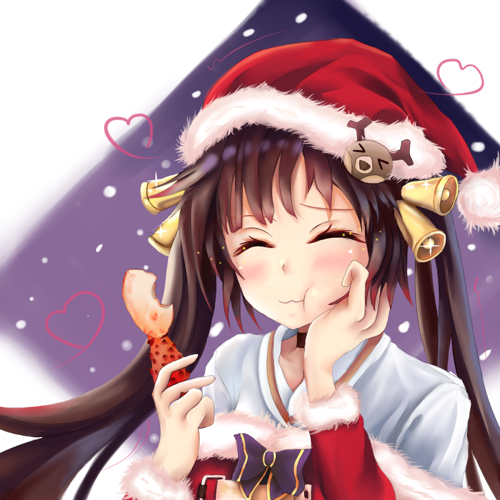 1girl artist_request bangs bell blush brown_hair choker closed_eyes coat eating flying_heart food fur-trimmed_coat fur-trimmed_hat fur_trim girls_frontline hair_bell hair_ornament hand_on_own_cheek heart holding holding_food long_hair m14_(girls_frontline) off_shoulder outdoors puffed_cheeks ribbon santa-hat santa_costume shirt sidelocks smile snow snowing solo twintails white_shirt