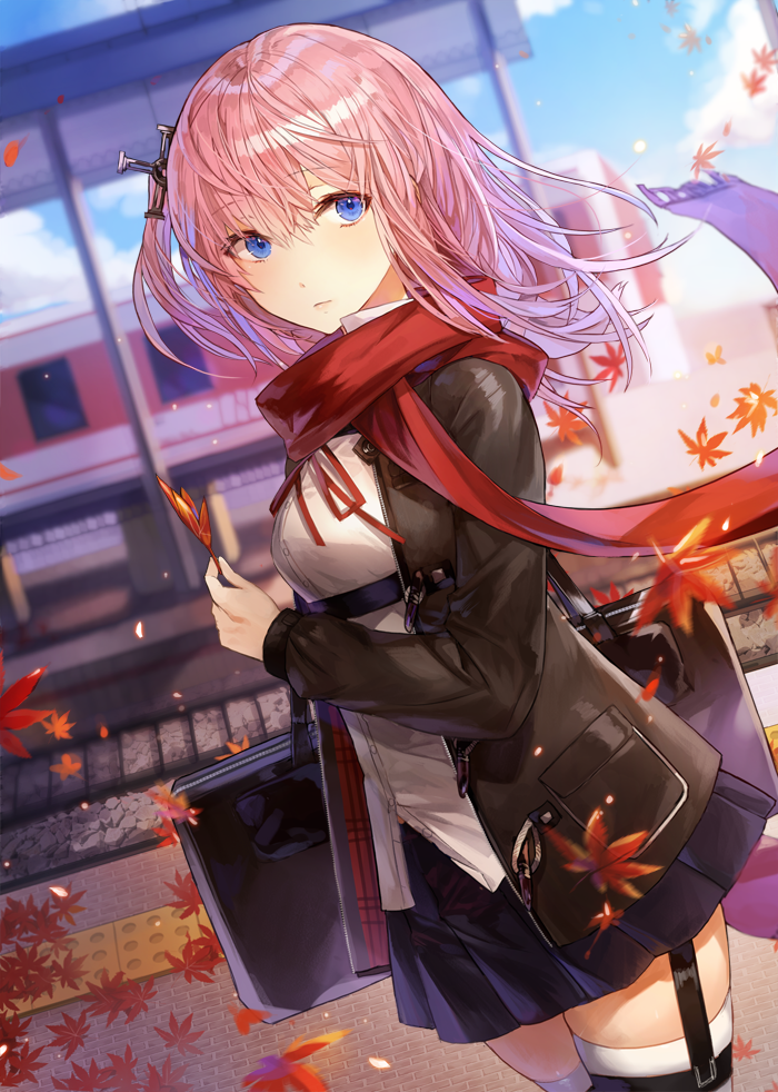 1girl autumn_leaves backpack bag bangs blue_eyes blue_hair closed_mouth cowboy_shot expressionless eyebrows_visible_through_hair floating_hair girls_frontline hair_ornament holding holding_leaf holster jacket kim_eb leaf leaves_in_wind long_hair looking_at_viewer multicolored_hair one_side_up open_clothes open_jacket pink_hair pleated_skirt railroad_tracks red_ribbon red_scarf ribbon scarf school_uniform scope side_ponytail skindentation skirt solo st_ar-15_(girls_frontline) station streaked_hair thigh-highs thigh_holster thigh_strap train_station train_station_platform tsurime unzipped white_legwear wind