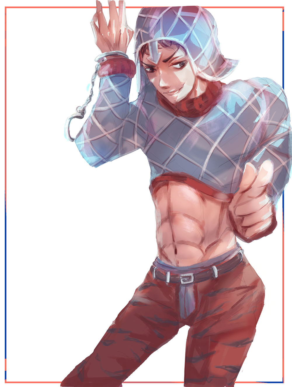 1boy argyle argyle_sweater artist_request black_eyes black_hair cuffs guido_mista handcuffs hat highres jojo_no_kimyou_na_bouken male_focus midriff navel solo sweater turtleneck turtleneck_sweater