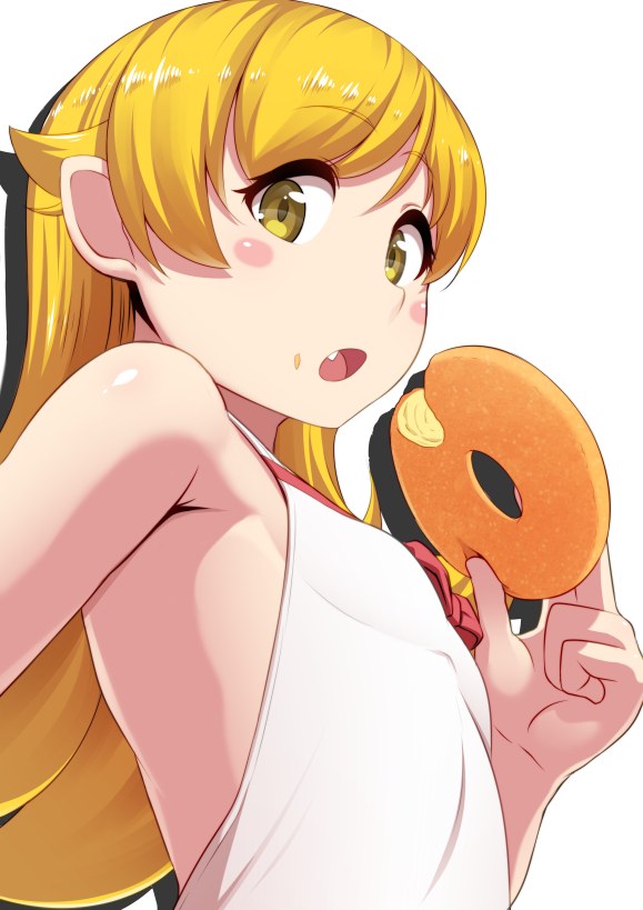 1girl :o backless_outfit blonde_hair blush_stickers commentary_request doughnut eyebrows_visible_through_hair fang food long_hair looking_at_viewer monogatari_(series) murata_isshin oshino_shinobu simple_background solo upper_body white_background yellow_eyes