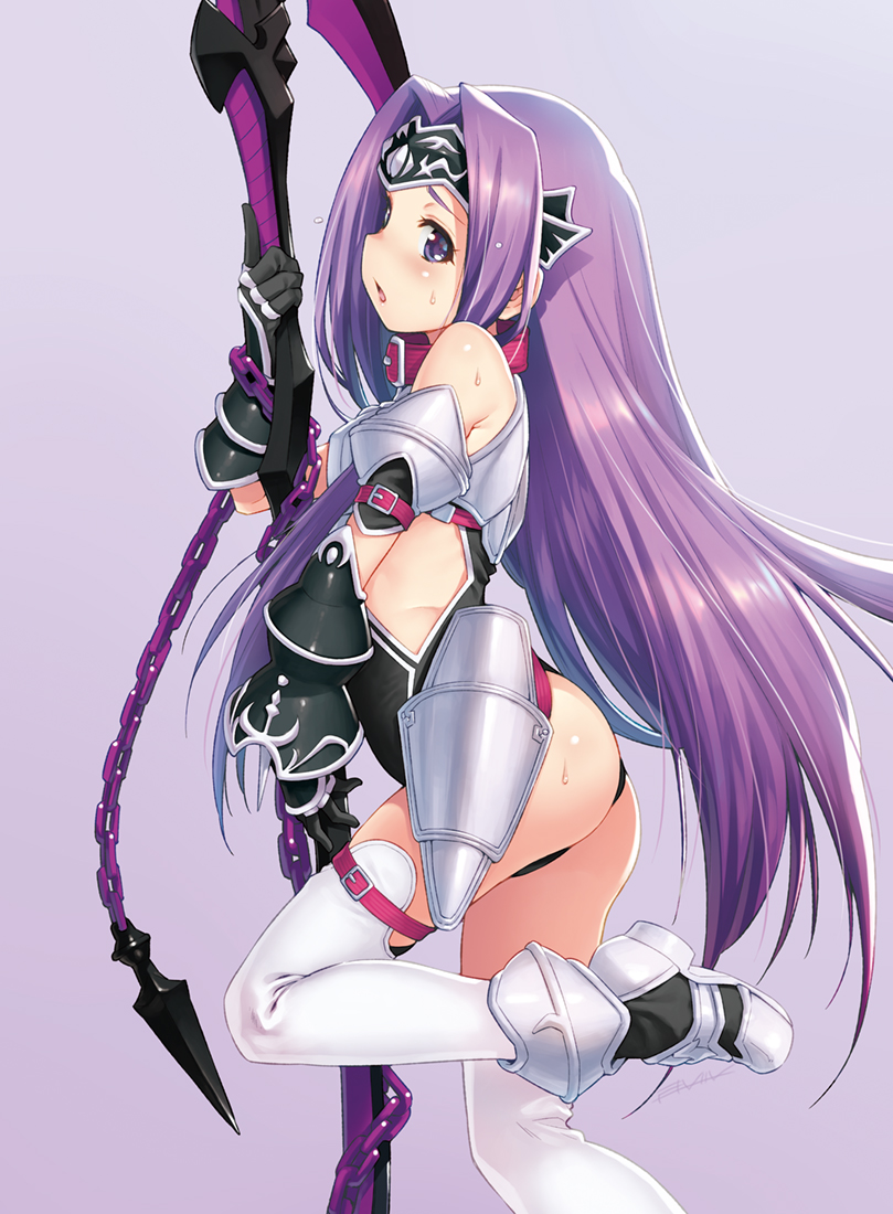 1girl ass bare_shoulders blush breasts chains collar commentary_request fate/grand_order fate_(series) from_side gauntlets greaves headgear kazuma_muramasa leg_up leotard long_hair medusa_(lancer)_(fate) parted_lips polearm purple_background purple_hair rider scythe sidelocks simple_background small_breasts solo sweat thigh-highs thigh_strap very_long_hair violet_eyes weapon white_background white_legwear