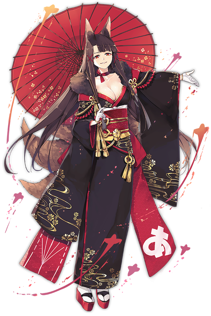 1girl akagi_(azur_lane) animal_ears azur_lane black_hair black_kimono breasts choker cleavage collarbone eyeshadow fox_ears fox_tail full_body gloves hair_ornament hao_(patinnko) japanese_clothes kimono large_breasts long_hair makeup multiple_tails official_art oriental_umbrella partly_fingerless_gloves red_choker red_eyes simple_background smile solo tabi tachi-e tail transparent_background umbrella white_gloves x_hair_ornament