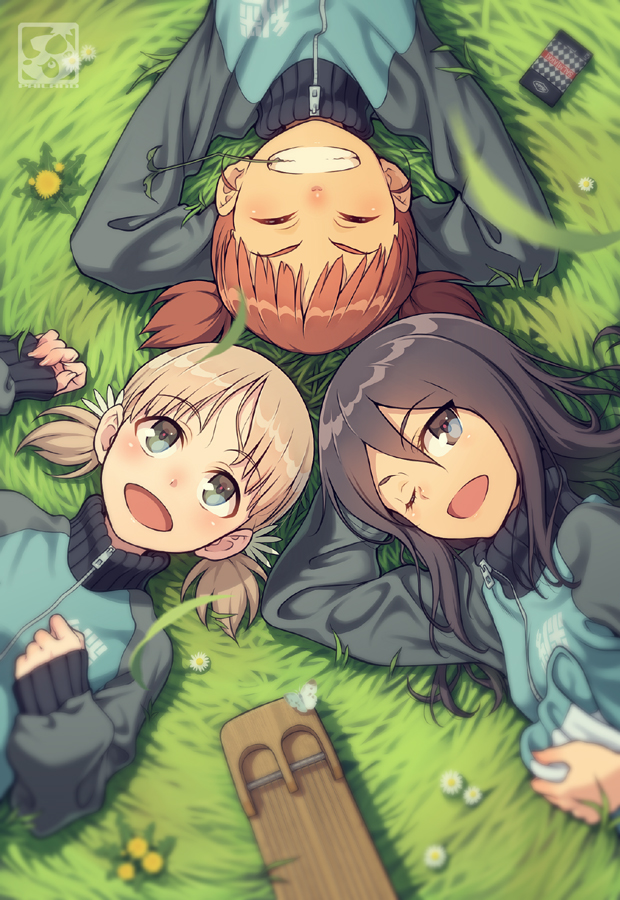 3girls aki_(girls_und_panzer) arms_behind_head blonde_hair blurry brown_hair closed_eyes dandelion flower girls_und_panzer instrument kantele keizoku_military_uniform long_hair lying mika_(girls_und_panzer) mikko_(girls_und_panzer) multiple_girls on_grass on_ground one_eye_closed orange_hair pairan salmiakki short_twintails smile stalk_in_mouth twintails