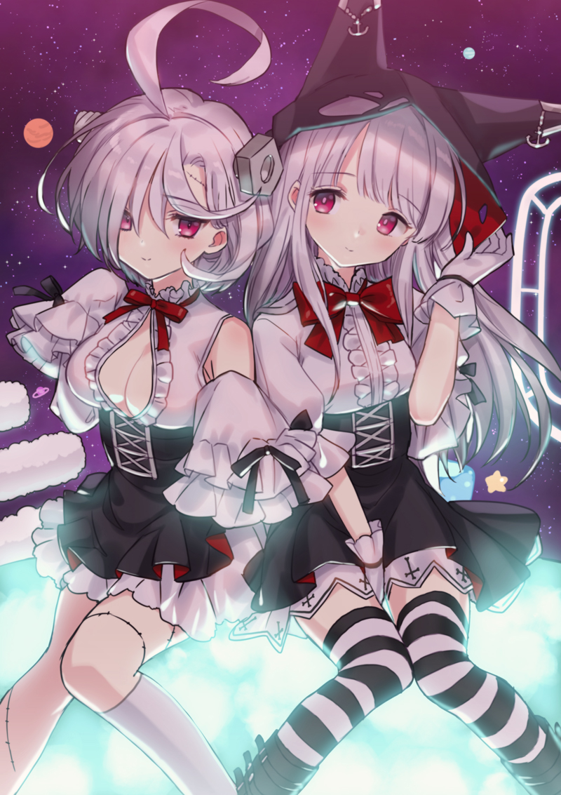 2girls ahoge anchor animal_hood asymmetrical_legwear azur_lane bangs bare_shoulders between_legs black_footwear black_skirt boots breasts center_frills closed_mouth commentary_request detached_sleeves erebus_(azur_lane) eyebrows_visible_through_hair frills gloves hair_between_eyes hand_between_legs head_tilt high-waist_skirt hood hood_up kneehighs large_breasts long_hair long_sleeves looking_at_viewer multiple_girls night night_sky planet pleated_skirt puffy_short_sleeves puffy_sleeves red_eyes shirt short_hair short_sleeves silver_hair single_kneehigh skirt sky sleeves_past_wrists small_breasts smile star_(sky) starry_sky stitches striped striped_legwear terror_(azur_lane) thigh-highs tsukigami_runa very_long_hair white_gloves white_legwear white_shirt