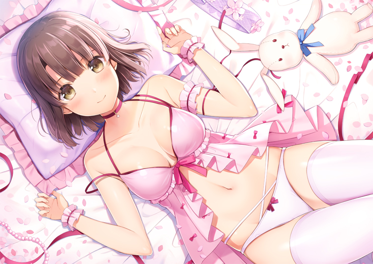 1girl 6u_(eternal_land) arm_garter babydoll bangs bare_shoulders bed_sheet bow bow_panties breasts brown_eyes brown_hair cleavage closed_mouth collarbone commentary_request frilled_pillow frills hair_between_eyes katou_megumi looking_at_viewer lying medium_breasts navel on_back panties pillow saenai_heroine_no_sodatekata short_hair smile solo strap_slip stuffed_animal stuffed_bunny stuffed_toy thigh-highs underwear underwear_only white_legwear white_panties wrist_cuffs