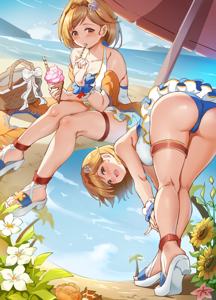 ass basket beach bent_over blonde_hair blush breasts brown_eyes butt_crack djeeta_(granblue_fantasy) eating flower food granblue_fantasy hair_flower hair_ornament hairband high_heels ice_cream large_breasts looking_at_viewer miazi multiple_views one-piece_swimsuit outdoors palm_tree parasol picnic_basket sandals short_hair sky swimsuit towel tree umbrella water white_swimsuit