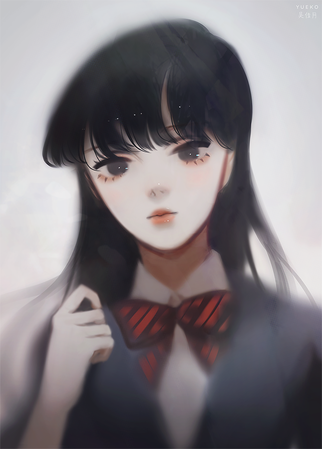 1girl arm_up bangs black_eyes black_hair black_jacket bow bowtie closed_mouth collared_shirt commentary_request grey_background jacket jiayue_wu komi-san_wa_komyusho_desu komi_shouko long_hair looking_at_viewer red_bow red_lips red_neckwear shirt simple_background solo suit_jacket upper_body white_shirt wing_collar