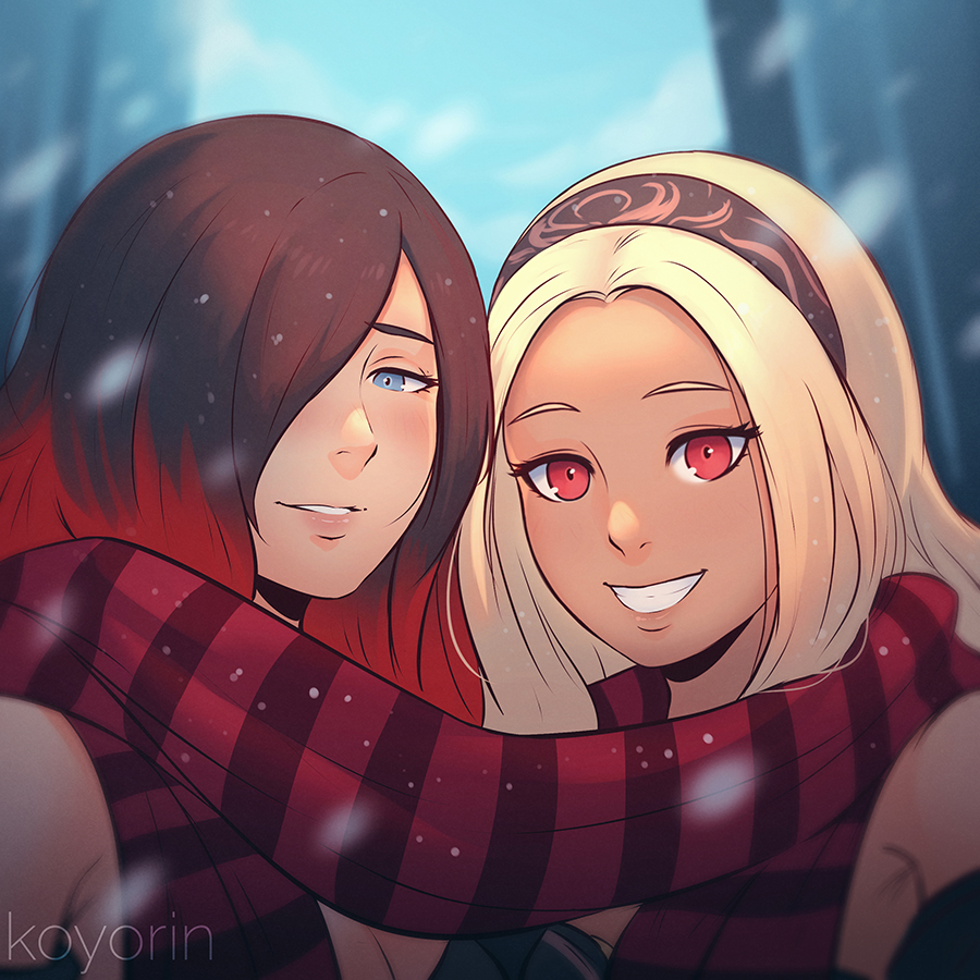 2girls black_hair black_hairband blonde_hair blue_eyes crow_(gravity_daze) dark_skin gravity_daze grin hair_over_one_eye hairband kitten_(gravity_daze) koyorin lips multicolored_hair multiple_girls red_eyes redhead scarf shared_scarf smile striped striped_scarf two-tone_hair upper_body