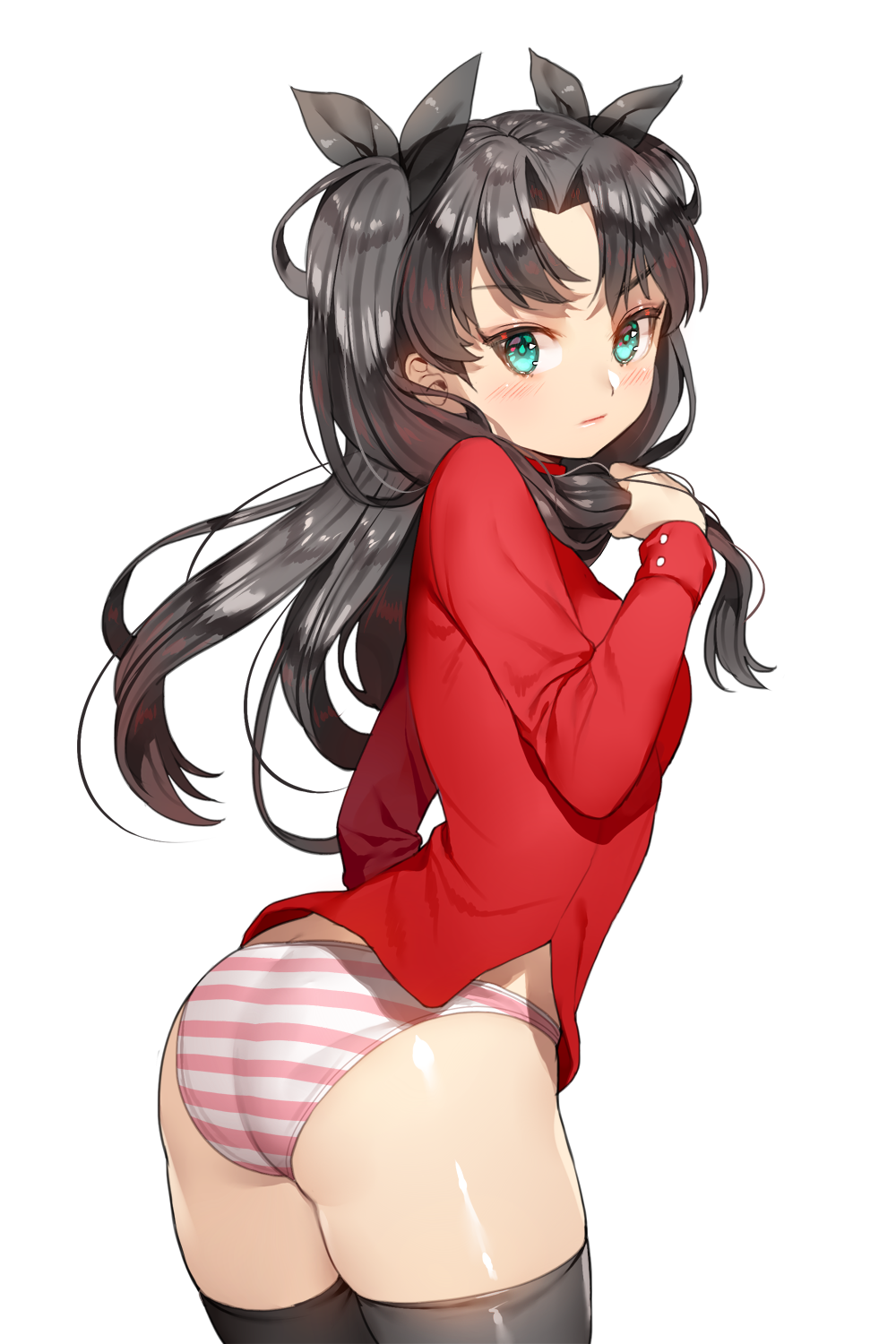 1girl ass black_hair black_legwear black_ribbon cowboy_shot fate/stay_night fate_(series) ganik green_eyes hair_ribbon highres long_hair panties ribbon simple_background solo striped striped_panties thigh-highs tohsaka_rin two_side_up underwear white_background