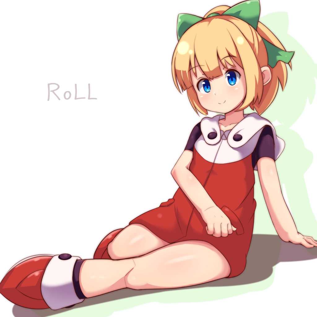 1girl bangs black_legwear blonde_hair blue_eyes blunt_bangs blush bow character_name closed_mouth collarbone commentary_request dress eyebrows_visible_through_hair flat_chest full_body green_bow hair_bow hard head_tilt hooded_dress looking_at_viewer ponytail red_dress red_footwear rockman rockman_11 roll shadow shoes short_sleeves sidelocks smile socks solo white_background zipper