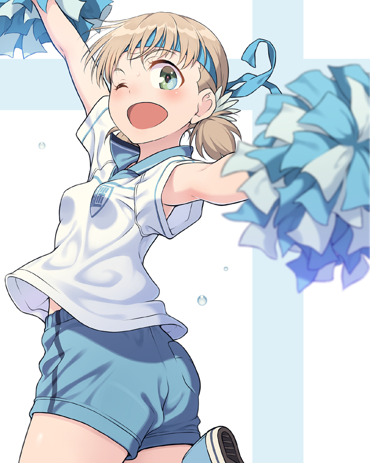1girl ;d aki_(girls_und_panzer) armpit_peek blonde_hair blue_footwear blue_hairband blue_shorts blurry blush breasts cheerleader cowboy_shot depth_of_field emblem finnish_flag flag_background from_behind girls_und_panzer green_eyes gym_uniform hairband holding keizoku_(emblem) looking_back low_twintails one_eye_closed open_mouth outstretched_arms pairan pom_poms shirt shoes short_hair shorts small_breasts smile solo sweat tareme twintails twisted_torso two-tone_background white_shirt