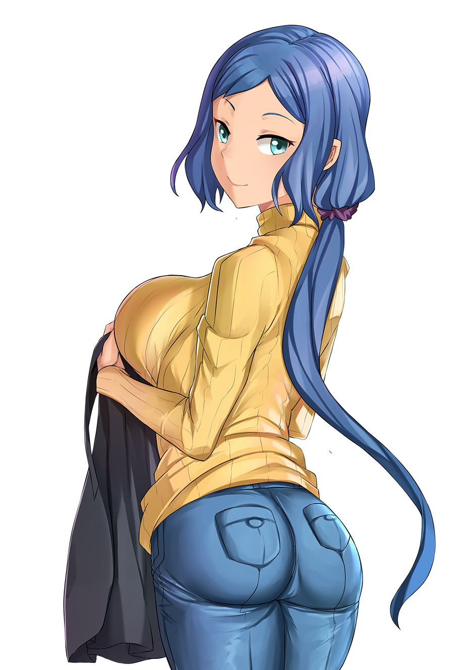 1girl aori_sora apron_removed aqua_eyes ass black_apron blue_hair breasts closed_mouth denim from_behind gundam gundam_build_fighters highres iori_rinko jeans large_breasts long_hair looking_at_viewer looking_back mature pants ponytail simple_background smile solo sweater turtleneck turtleneck_sweater white_background yellow_sweater