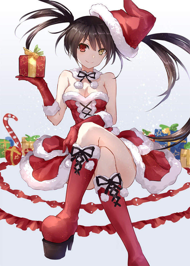 1girl adapted_costume asle asymmetrical_hair bare_shoulders black_hair boots breasts candy candy_cane christmas cleavage clock_eyes date_a_live dress elbow_gloves food fur_trim gift gloves hand_up hat heterochromia holding holding_gift knee_boots legs_crossed looking_at_viewer medium_breasts red_dress red_eyes red_footwear red_gloves santa_costume santa_hat sitting solo strapless symbol-shaped_pupils tokisaki_kurumi translation_request twintails yellow_eyes