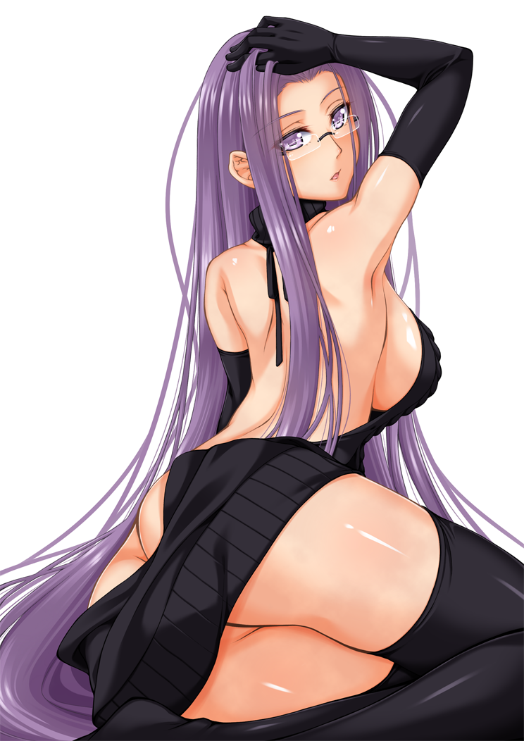 1girl arm_up ass backless_outfit bare_back black_gloves black_legwear breasts chiro dress elbow_gloves fate/stay_night fate_(series) glasses gloves halterneck long_hair looking_at_viewer looking_back medium_breasts meme_attire naked_sweater no_bra no_panties open-back_dress purple_hair rider sideboob solo sweater sweater_dress thigh-highs turtleneck turtleneck_sweater very_long_hair virgin_killer_sweater