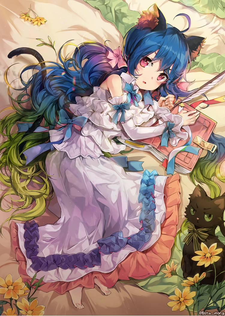 1girl ahoge animal_ears bangs barefoot bed_sheet black_cat blue_bow blue_hair blue_neckwear blush book bosack bow bowtie cat cat_ears cat_tail commentary_request curly_hair detached_sleeves dress flower frilled_dress frilled_skirt frills green_hair hair_bow long_hair long_sleeves looking_at_viewer lying multicolored_hair on_side original parted_lips pink_bow red_eyes skirt solo tail twitter_username two-tone_hair